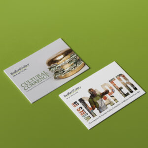 Two promotional cards for Bedford Gallery exhibits are displayed on a green background; one features a sculptural bracelet, the other a collage-style image of a person and bold text.