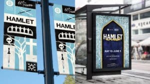 Left: Hamlet street pole banners with patchwork of icons. Right: Hamlet advertisement on a bus shelter of a dark portico on a a Persian tile wall, the title is in English and in Farsi.