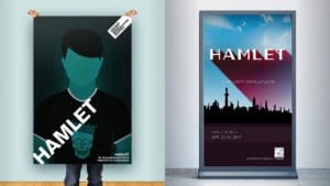 Left: Hamlet poster with a young teen's face wearing a skull t-shirt. Right: Hamlet poster with a sunny sky over a dark graveyard silhouette.