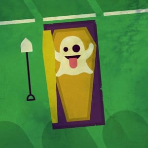 Hamlet key art of a playful ghost emoji in a coffin placed in a graveyard site.