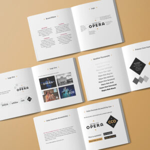 An image displays an open brand guidelines booklet titled "Opera." The booklet contains sections on brand pillars, logo usage, headline typography, color palette, and color contrast accessibility. There are multiple pages with text, logos, and color samples.