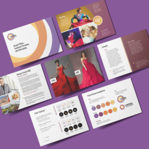 A brochure and pamphlet set showcasing branding guidelines for Opera. They detail brand pillars, audience personas, messaging, visual recommendations, and color contrast. Images depict glamorous and colorful opera scenes, with models in red dresses for style comparison.