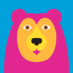 A bold and colorful illustration of a bear with a blue background, perfect for branding by Denver Design Studio. The bear has a bright pink body, yellow face, and brown eyes with a playful expression. Its nose is black, and the design features simple, geometric shapes that reflect modern artistic influences.