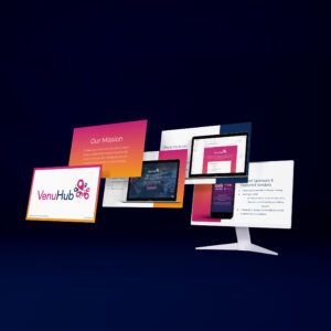 A digital display showcases various VenuHub platform screens against a dark background. The floating screens highlight VenuHub's logo, mission statement, email view, and sponsor/vendor information on tablets and monitors, emphasizing a vibrant color scheme.