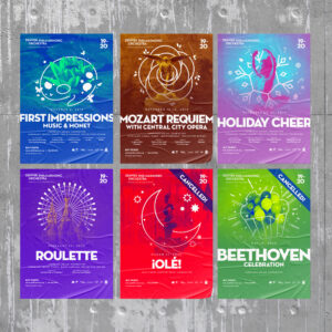 Promotional posters for the Denver Philharmonic Orchestra. Events include "First Impressions," "Mozart Requiem," "Holiday Cheer," "Roulette," "¡OLE!," and "Beethoven Celebration." "¡OLE!" and "Beethoven Celebration" are marked as cancelled. Each poster features colorful thematic designs.