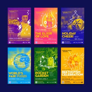 A collage of six colorful concert posters against a dark blue background. Each poster features different graphics and text promoting various musical events such as "Clash of the Titans," "The Elixir of Love," "Holiday Cheer," "World's Fair of the Majestries of Tomorrow," "Pocket Garden," and "Beethoven Celebration." The posters include dates, times, and locations.