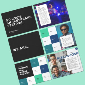 Image of six pages from a brochure with a blue and green background. The pages feature text and images, including "St. Louis Shakespeare Festival" and individuals named Nikki & Josh. There are also various design elements and colors throughout.