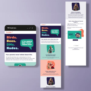 A digital banner from Thorn featuring campaign content. The main message, "Birds. Bees. DMs. Nudes." is highlighted with vibrant colors. The text addresses the importance of discussing modern online risks with children. Illustrations of diverse people accompany the text.