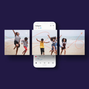 A composite image shows three children jumping joyfully on a beach, with a smartphone in the center displaying a similar photo on Instagram. The background is a solid dark blue with an orange line curving through all elements, creating a dynamic, cohesive design.