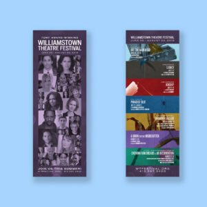 Two flyers for the Williamstown Theatre Festival 2015. The left flyer has a purple background with a collage of black-and-white headshots and text about the festival dates (June 30 - August 23). The right flyer lists seven plays with colorful graphics and their dates.