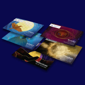 Five colorful, artistically designed exhibition flyers are arranged on a blue background, each flyer titled "Origins," "Solstice," "Reflections," "Stardust," and "Wonder," promoting different art exhibitions.