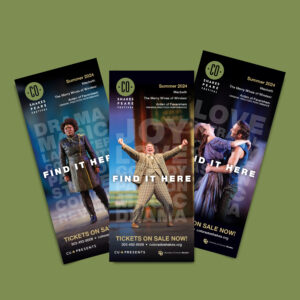 Three colorful flyers for the 2024 Colorado Shakespeare Festival, featuring actors in various Shakespearean plays. Text reads, "Find It Here" and lists information about purchasing tickets.