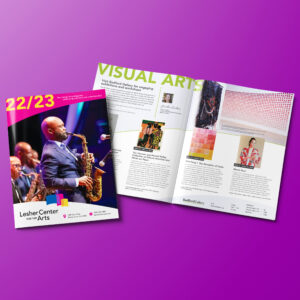 A brochure for Lesher Center for the Arts 2022/2023 season featuring a musician playing a saxophone on the cover and various visual art pieces inside. The background is a gradient of purple shades.