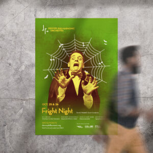 Poster for "Fright Night" by the Denver Philharmonic Orchestra on Oct 25 & 26, featuring a man in a suit with a shocked expression and hands up, set against a green background with a spider web design.