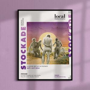 Poster for the play "Stockade" by Andrew Rosendorf, showing five vintage figures on a beach.