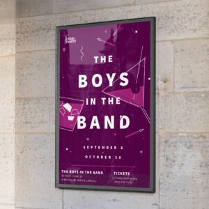 Poster on a wall advertising "The Boys in the Band" play at Vintage Theatre, directed by Bernie Cardell, running from September 6 to October 20. Tickets available at vintagetheatre.org or call (303) 856-7830.