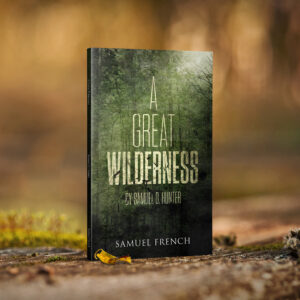 A book titled "A Great Wilderness" by Samuel D. Hunter, published by Samuel French, is standing on a grassy ground with a blurred natural background.