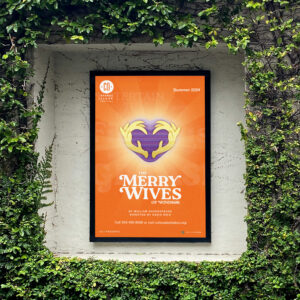 Poster on a wall covered with ivy advertises "The Merry Wives of Windsor" by William Shakespeare, presented by a theater company, scheduled for Summer 2024. Contact details and website included.