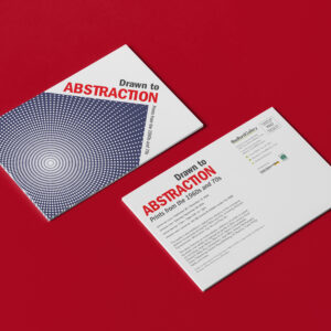 Two white brochures on a red surface with the title "Drawn to Abstraction" in red text, featuring designs and information about print art from the 1950s and 70s.