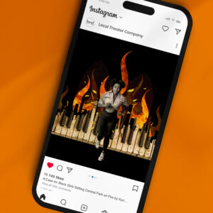 A phone screen displays an Instagram post showing a woman running in front of burning piano keys and flames, posted by a local theater company.