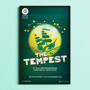 Poster for "The Tempest" featuring a ship in a glowing bottle, promoting a Shakespeare festival with dates and contact information at the bottom.