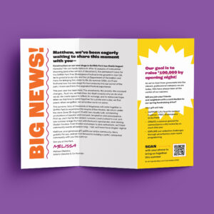 An open letter with "BIG NEWS!" on the left, details about an arts venue opening in Atlanta in the center, and a yellow section on the right about a $100,000 fundraising goal, on a purple background.