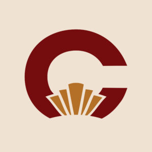 A maroon letter "C" with a stylized golden fan or sunburst pattern at the base, set against a light beige background.