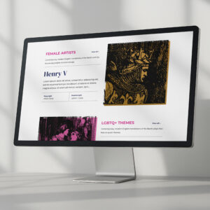 A computer monitor displays a website about Shakespeare, featuring sections on female artists and LGBTQ+ themes with images and text excerpts.